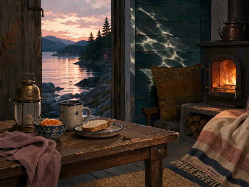 Lakeside cabin interior with toast and coffee on a wooden table, a glowing cast-iron stove, and a scenic water view.