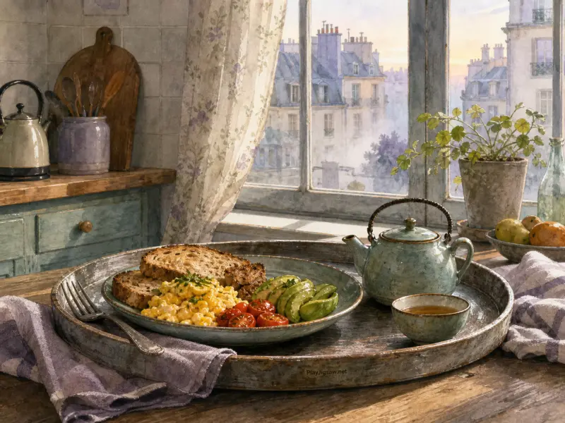 A breakfast plate with eggs, avocado, and toast sits beside a teapot on a tray overlooking historic city rooftops.