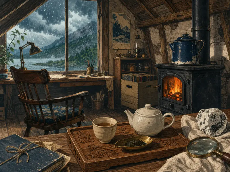 A tea set on a wooden table beside a crackling wood stove and a rainy window overlooking a mountain lake.