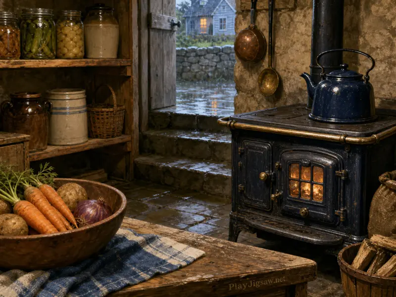 A glowing blue cast-iron stove with a kettle beside a table of fresh vegetables in a rustic cottage kitchen on a rainy day.