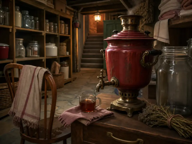 A red antique samovar and a glass mug of tea on a wooden table inside a rustic pantry with stone floors.