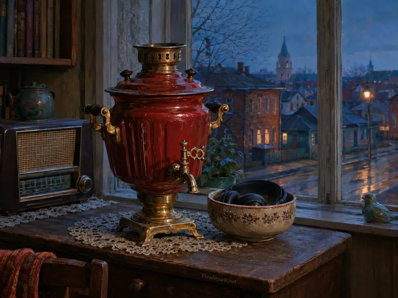 A polished red samovar on a wooden table beside a vintage radio and a window overlooking a rainy town at dusk.