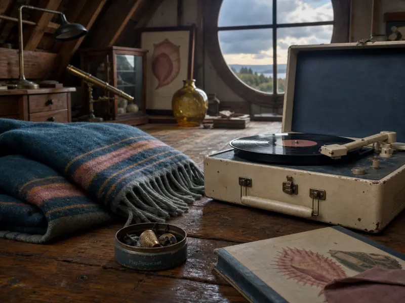 Vintage suitcase turntable and striped wool blanket on an attic floor beside a large round window.