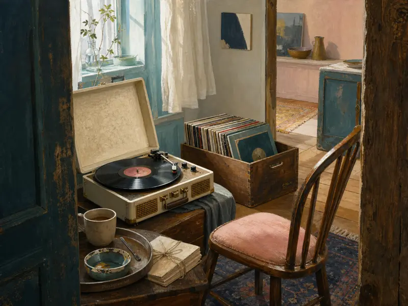A vintage suitcase turntable, crate of vinyl records, and wooden chair beside a bright cottage window.