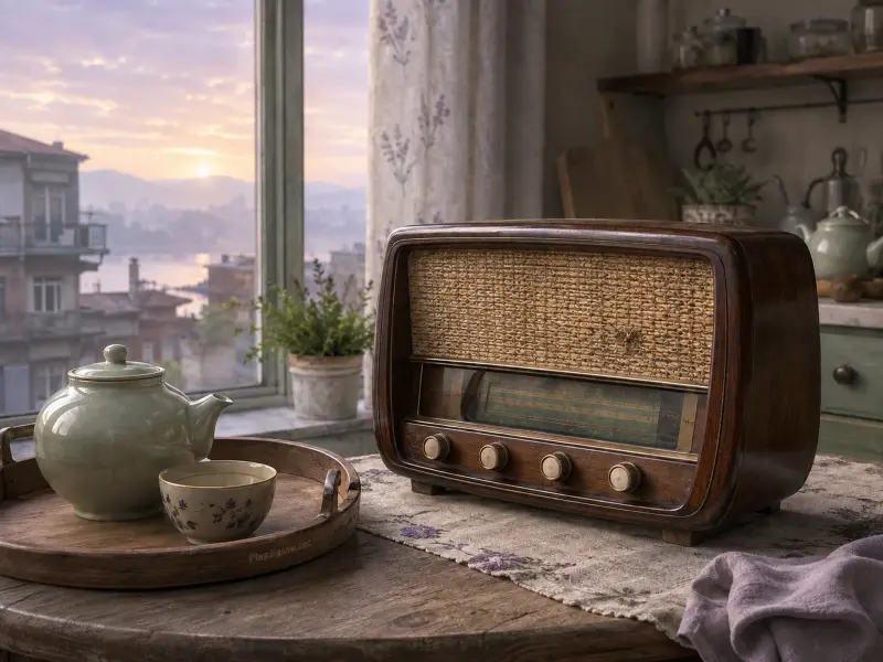 Vintage wooden radio and a tea set on a rustic table beside an open window overlooking a misty river sunrise.