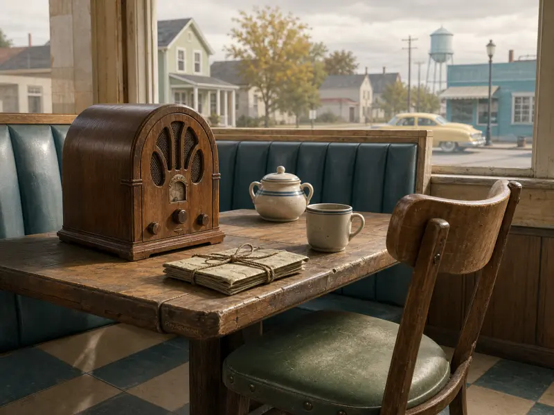 Vintage wooden radio, coffee mug, and tied letters on a diner booth table looking out at a small-town street.