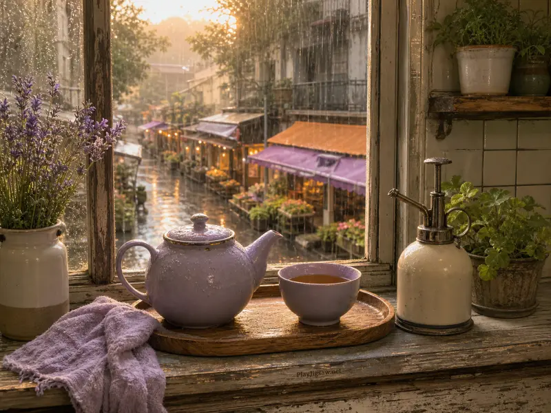 A lilac teapot and teacup on a rustic windowsill overlooking a rainy street with colorful shop awnings.
