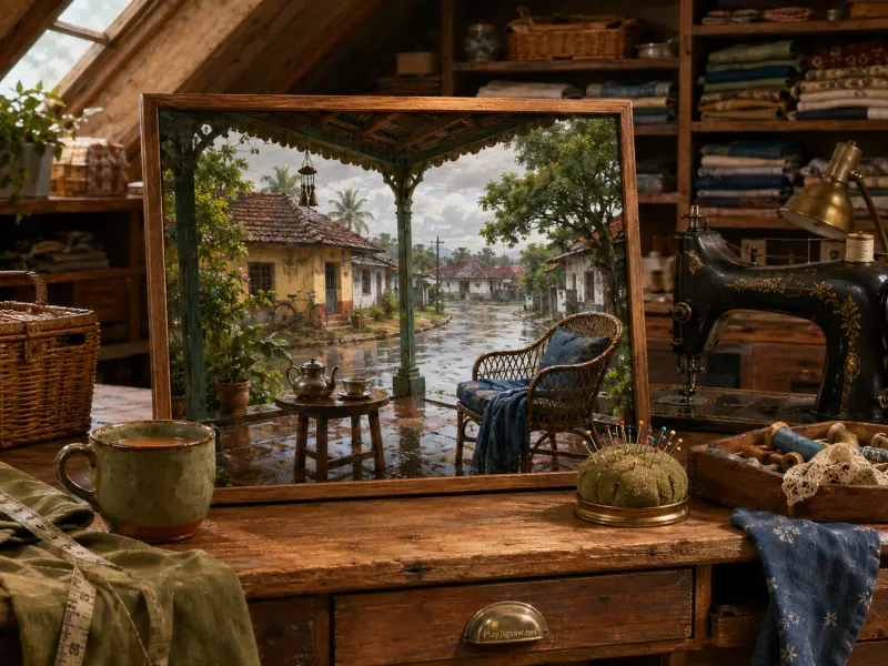 A framed diorama of a rainy village veranda sitting on a wooden sewing table beside an antique sewing machine.