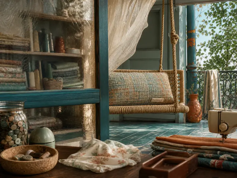 A cozy sewing table with fabric and buttons looking out toward a woven swing on a tiled balcony.