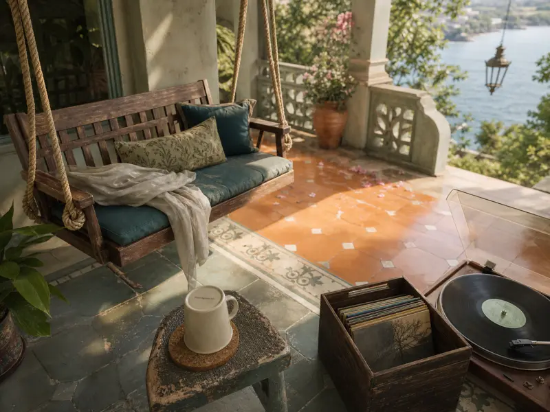 A wooden swing bench and a turntable with vinyl records on a sunny terrace overlooking the sea.