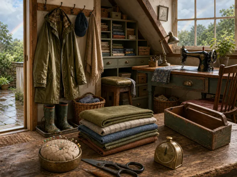 A cozy attic sewing workshop with folded fabrics on a wooden table beside a window looking out at a rain-washed garden.