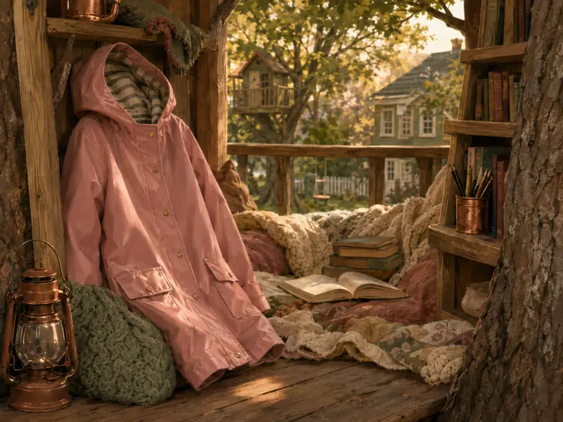 A cozy treehouse balcony with a pink raincoat, warm blankets, an open book, and a copper lantern overlooking trees.