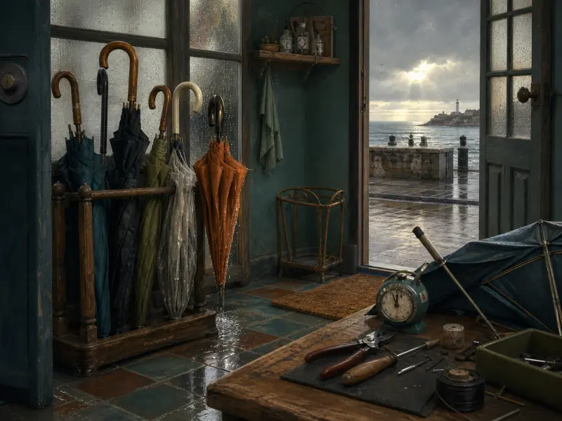 An umbrella repair workshop with tools on a workbench and an open doorway looking out to a rainy sea and distant lighthouse.