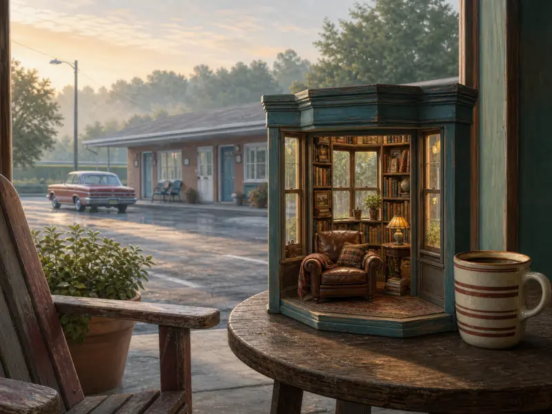 A detailed miniature reading nook diorama and coffee mug on a rustic porch table outside a retro roadside motel.