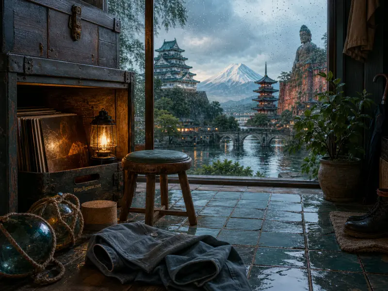 Rainy room with a lantern and stool looking out at Mount Fuji, a Japanese castle, and a pagoda across the water.