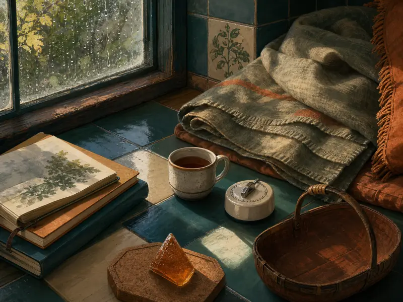 A cozy tiled windowsill with a mug of tea, stack of books, woven basket, and blanket beside a rain-covered window.