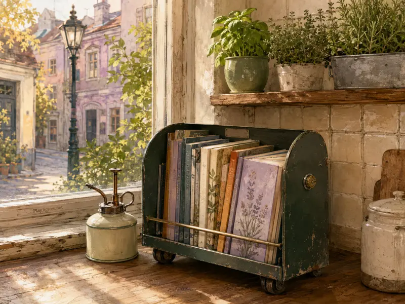 A weathered green rolling book caddy rests on a sunny windowsill beside potted herbs and a view of a cobblestone street.