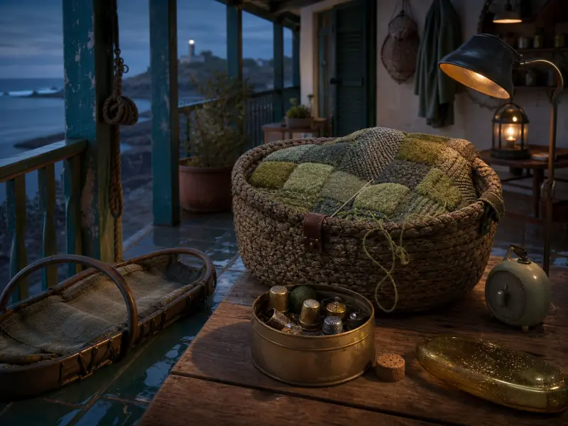 A woven basket with a green patchwork cushion and a tin of thimbles on a porch table overlooking a twilight sea.