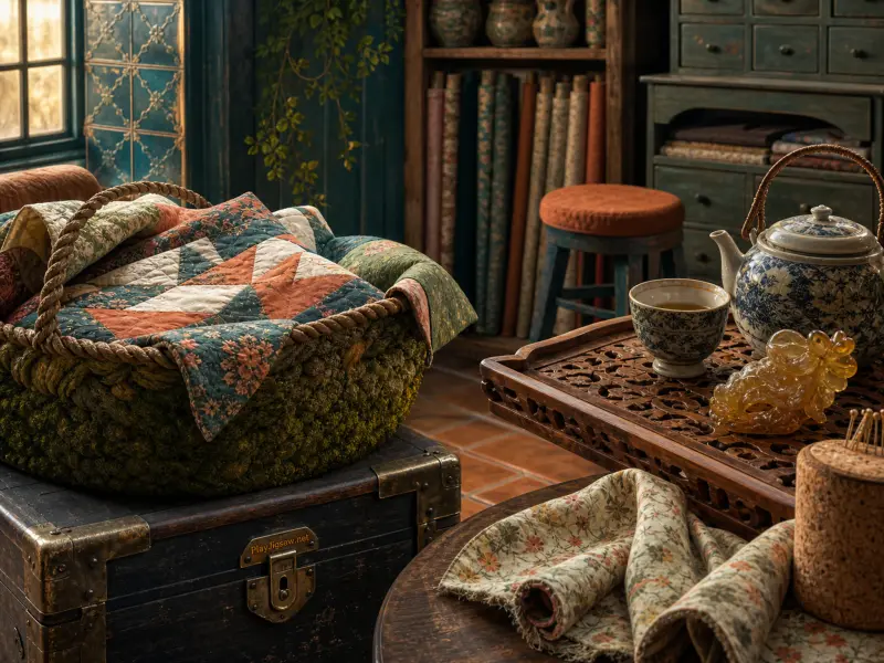A patchwork quilt in a woven basket on a trunk next to a carved tray with a teapot and teacup in a cozy sewing room.