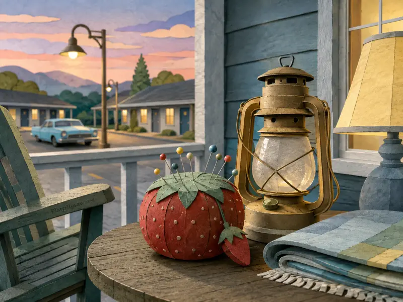 A strawberry pincushion, lantern, and folded quilt sit on a wooden porch overlooking a retro motel at dusk.
