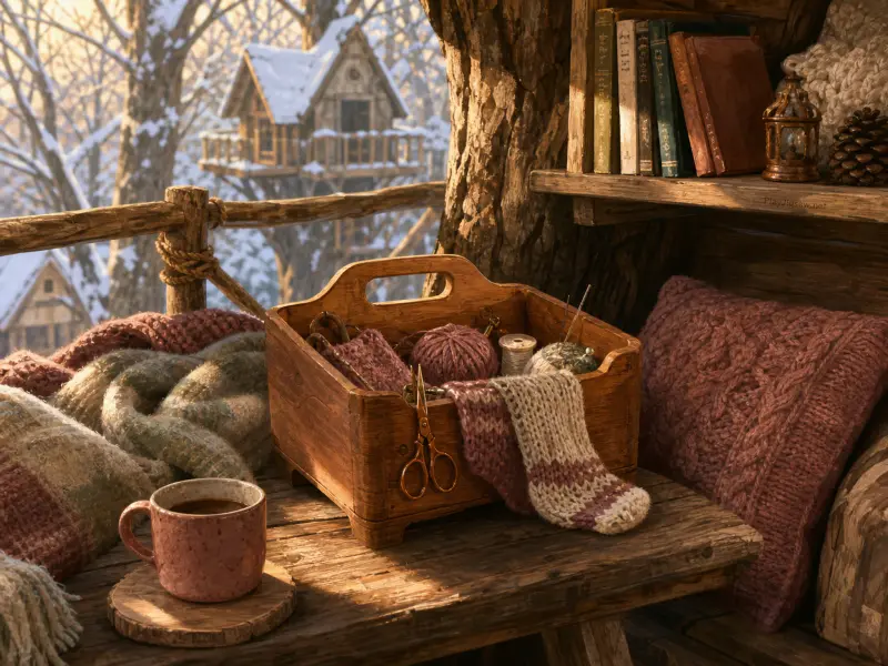 A wooden knitting basket with yarn and scissors sits beside a warm drink on a treehouse balcony overlooking snowy woods.