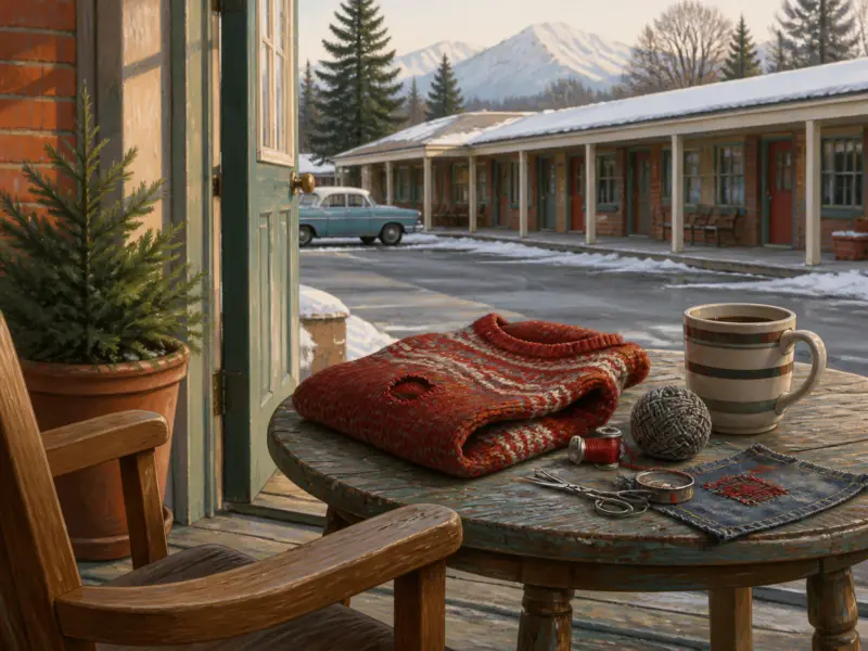 A red knit sweater, scissors, yarn, and coffee sit on a rustic table with a snowy motel and mountains in the background.