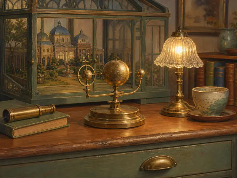 A brass orrery and small glowing lamp sit on a desk beside an antique glass terrarium enclosing a miniature palace.