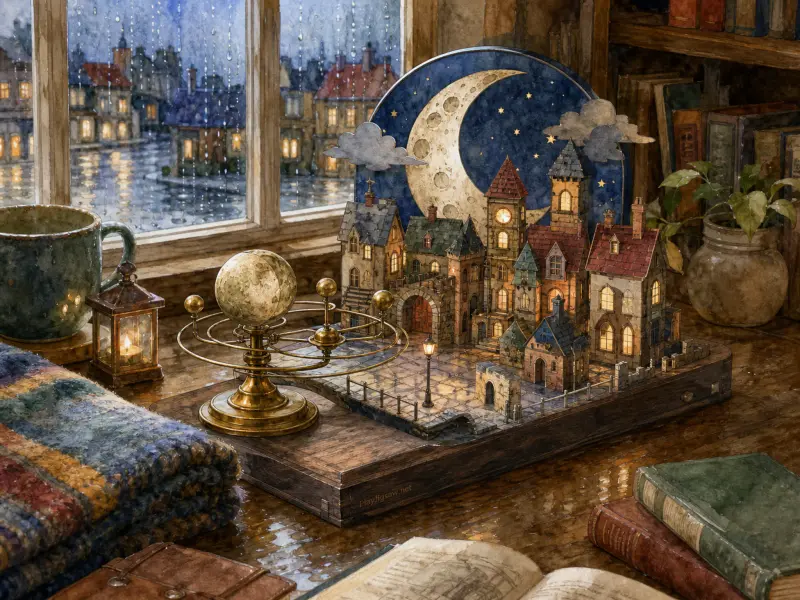 A glowing miniature medieval town diorama and brass orrery sitting on a wooden desk by a rain-streaked window.