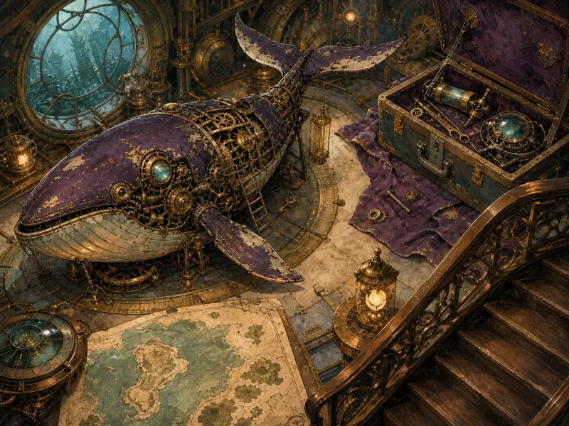 A mechanical purple and brass whale resting in a grand workshop beside an undersea porthole window and a floor map.