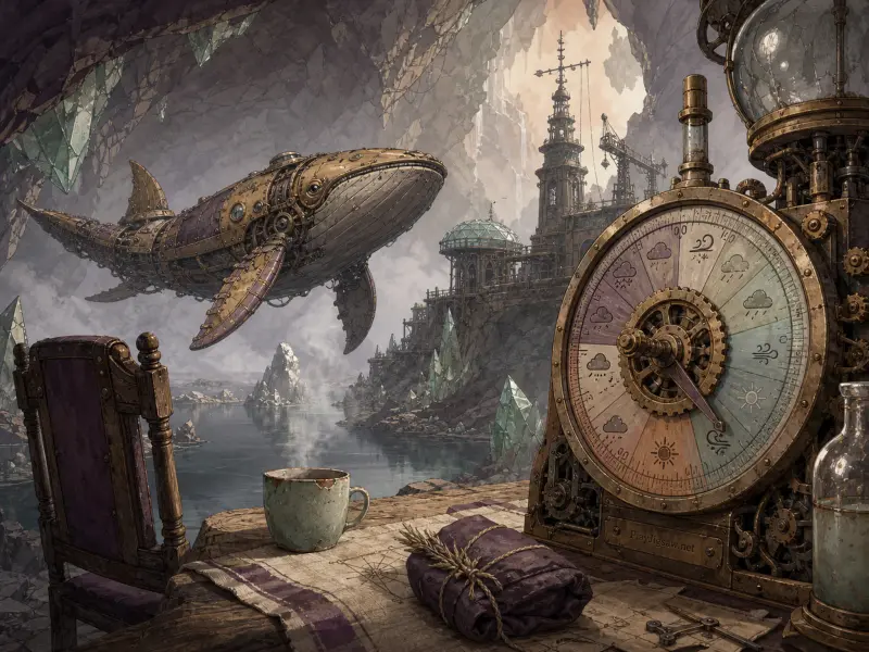 A mechanical whale flies across a rocky cavern bay behind an ornate brass weather gauge on a wooden desk.