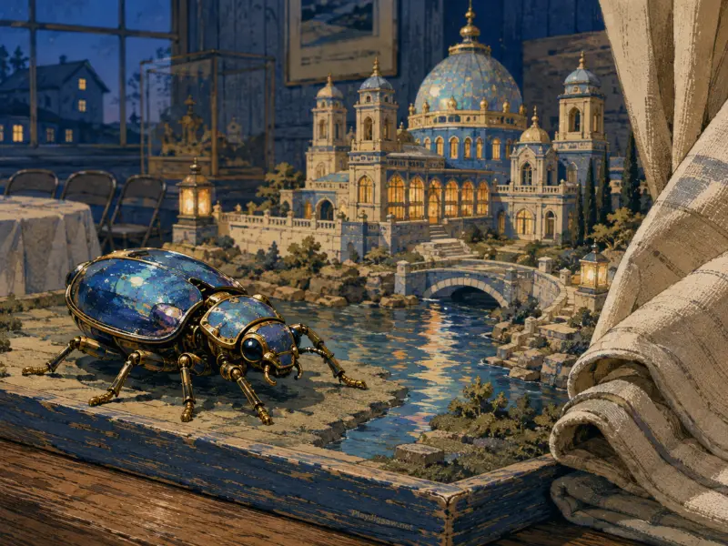 A brass clockwork beetle rests inside a tray beside a lighted miniature domed palace and tiny river.