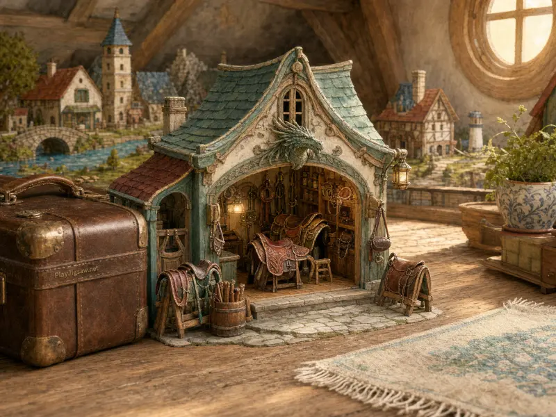 A miniature dragon saddle shop model sits on an attic floor beside a leather suitcase and a painted diorama village.