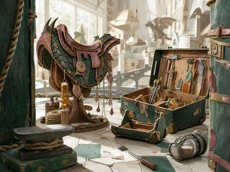 An ornate scaled dragon saddle on a stand beside a green tool chest on a sunny fantasy balcony.