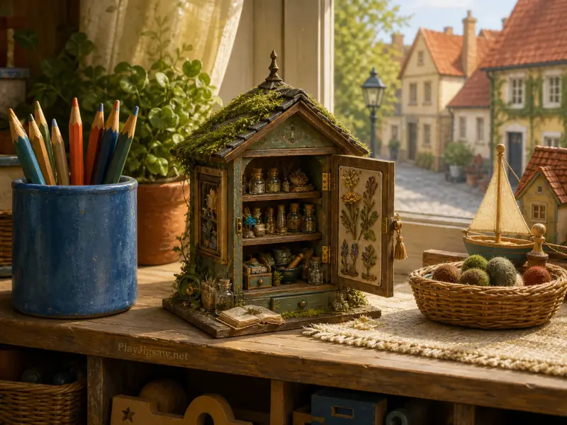 A miniature wooden herb cabinet on a sunny windowsill beside pencils and a toy sailboat, overlooking a village street.