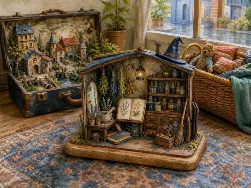 Intricate miniature witch apothecary workshop with potion bottles and a pointed hat beside a suitcase village.