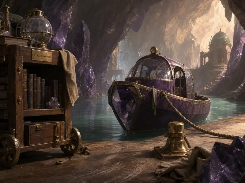 A purple crystal boat docked in a glowing underground cavern beside a wooden cart filled with books and instruments.