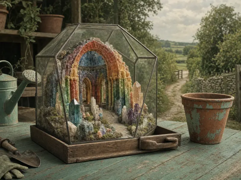 A miniature rainbow crystal cathedral inside a glass terrarium resting on an outdoor garden workbench.