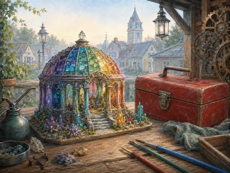 A miniature rainbow crystal rotunda rests on a wooden workbench next to a red toolbox and paintbrushes.