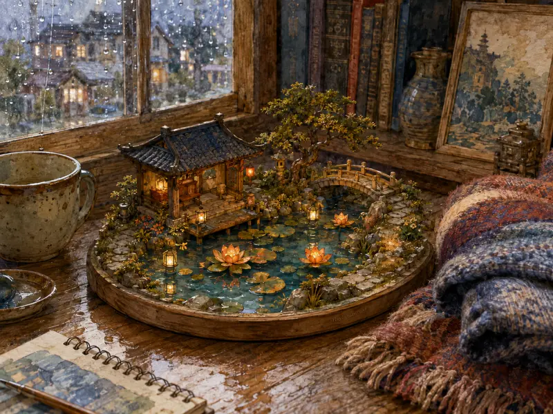 Miniature diorama of a pagoda pavilion and glowing lily pond resting on a desk beside a rain-streaked window.