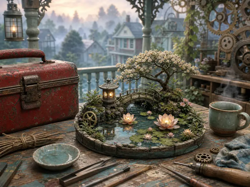 A miniature Japanese water garden with blooming bonsai and glowing lilies sitting on a wooden workshop table.
