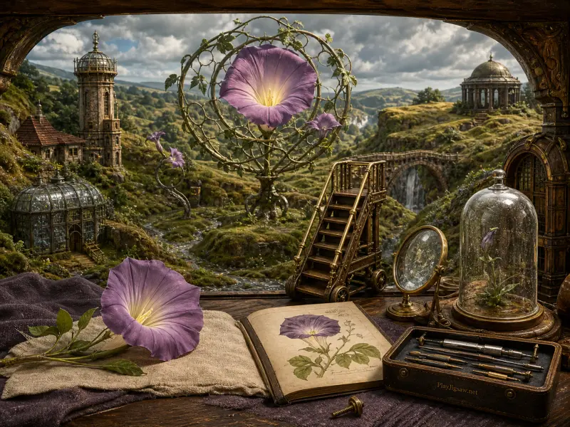 A botanist desk with purple morning glory flowers and drafting tools overlooks a miniature fantasy valley with stone towers.