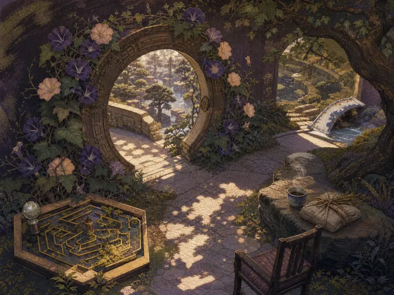 A secluded stone patio with a wooden maze game, steaming tea, and a round moon gate draped in purple flowers.
