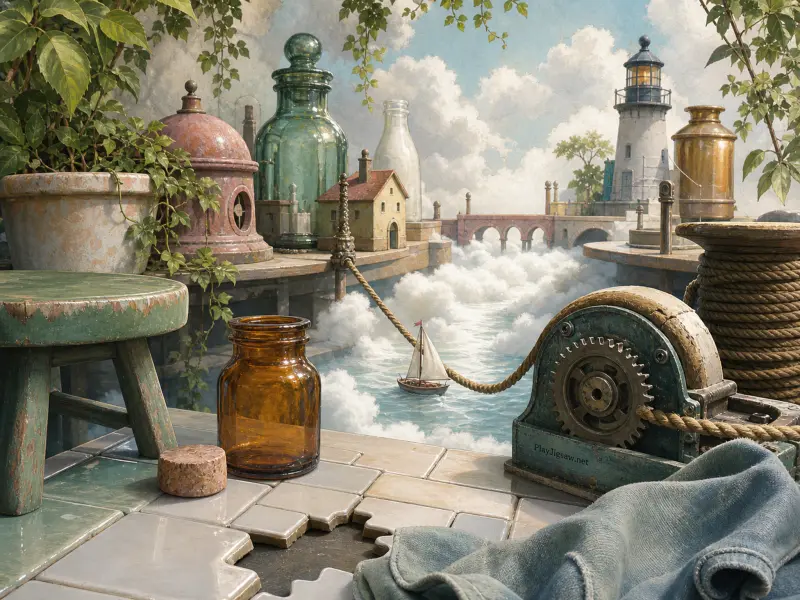 Miniature harbor with a tiny sailboat, lighthouse, glass bottles, and a mechanical winch above fluffy white clouds.