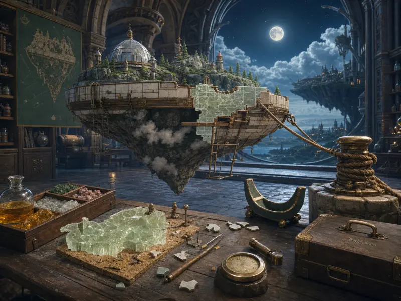 A miniature floating island being built in a grand observatory workshop beneath a full moon.
