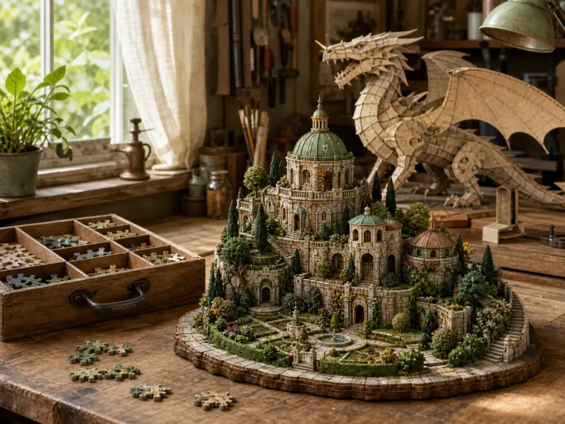 Intricate miniature palace with domed towers and terraced gardens on a workbench next to a large model dragon.