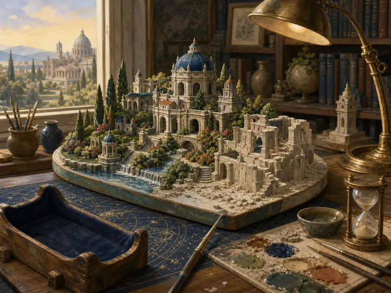 Intricate miniature domed palace and stone ruins displayed on a wooden workbench beside art supplies and an hourglass.