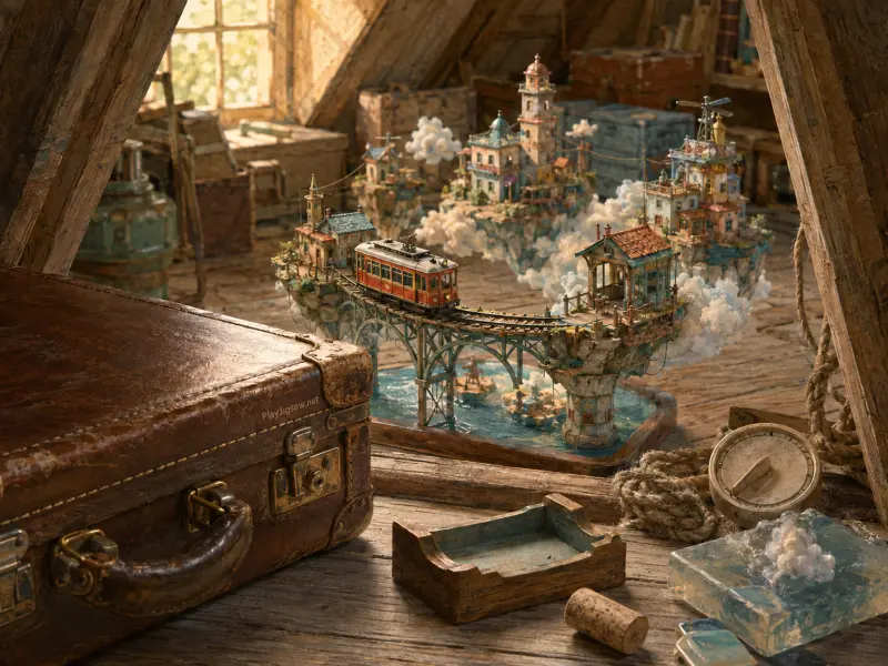 A miniature diorama of a red tram crossing between floating cloud islands on an attic floor beside an antique suitcase.