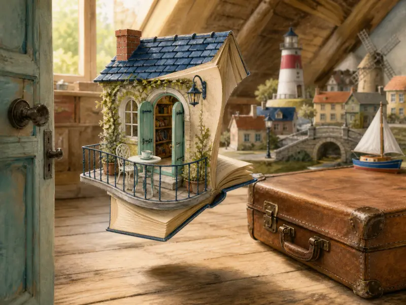 A miniature cottage built inside an open book floats in an attic room beside an old leather suitcase.