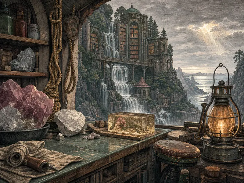 A rustic workshop counter with crystals and a glowing lantern overlooking a grand cliffside library and waterfalls.