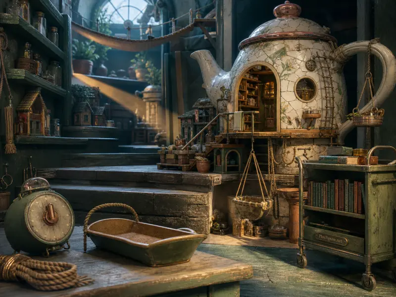 A ceramic teapot converted into a miniature home inside a sunlit workshop with an alarm clock and book cart.